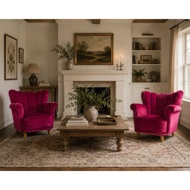 Swedish Cabinetmaker, Rolled Arm Lounge Chairs, Red Velvet, Lacquered Wood, Sweden, 1940s A wonderful pair of rolled arm...
