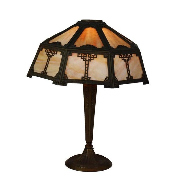 1910s Antique Arts & Crafts Slag Glass Table Lamp C1910 For Sale - Image 5 of 8