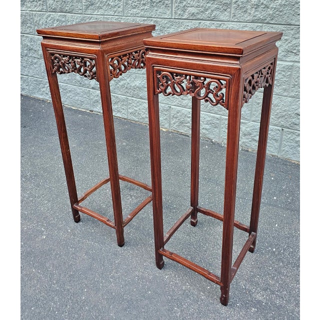 Tan Pair of Chinese Hongmu Stands Pedestals / Plant Stands For Sale - Image 8 of 11