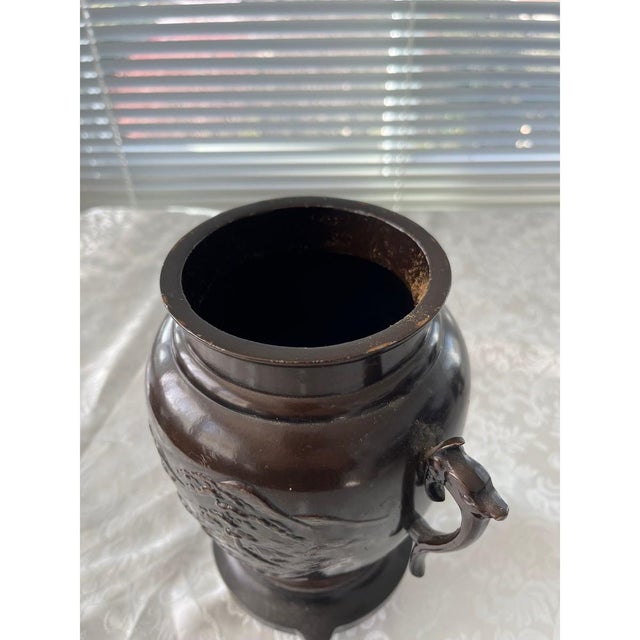 Early 20th Century Heavy 9" Dragon Handle Bronze Finish Vase - Embossed Japanese Style Landscape For Sale In San Francisco - Image 6 of 7