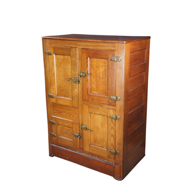 Farmhouse 1910s Antique Quarterswan Oak Farmhouse Kitchen Ice Box Refrigerator Bar Cabinet For Sale - Image 3 of 16