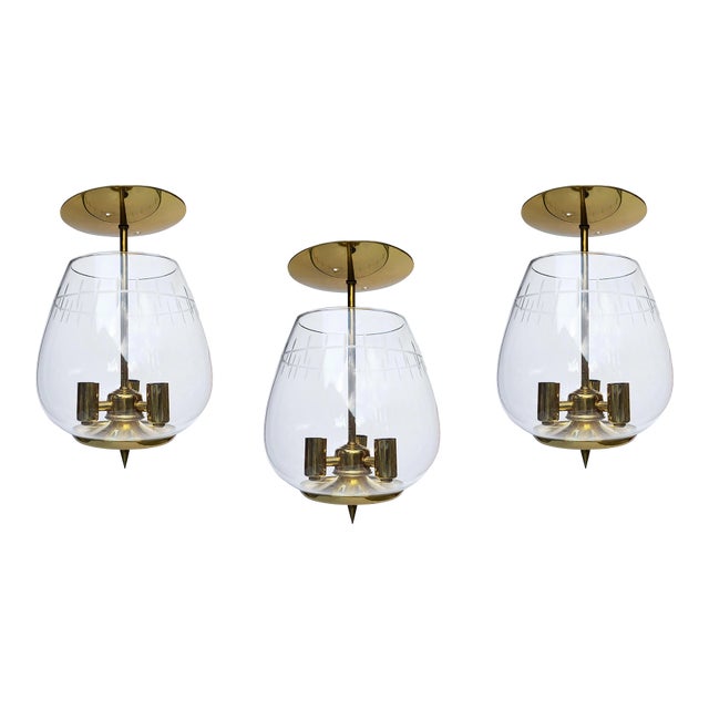 Mid 20th Century Large Semi Flush Mount Brass Pendant Lights With Cut Glass Design Globes - Set of 3 For Sale
