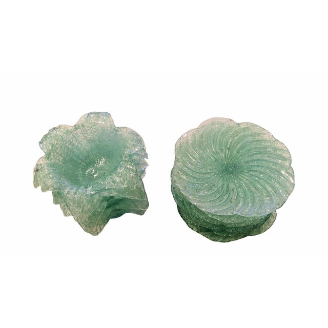 Traditional Murano "Fratelli Toso" Sea Foam Green Glass 7 Salad Plates and 5 Petal Shaped Fruit Bowls For Sale - Image 3 of 5