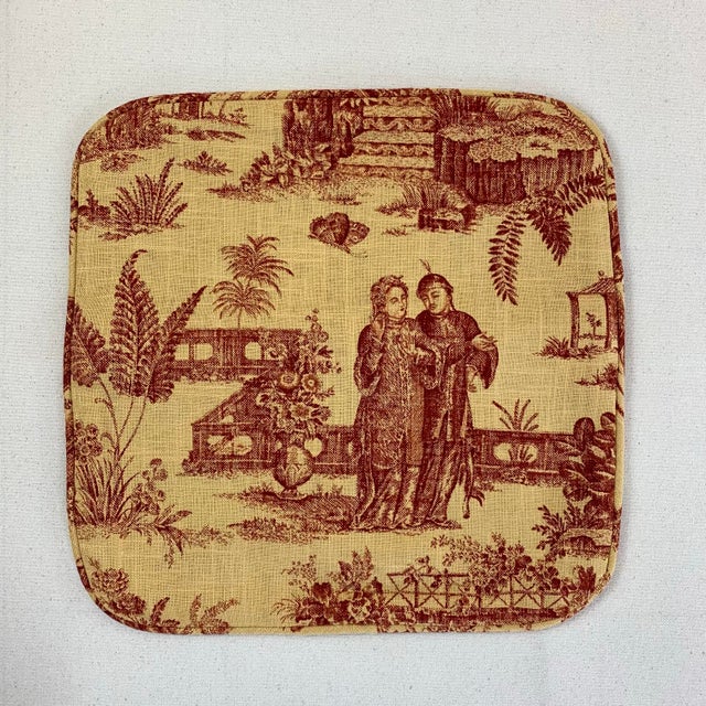 French Designer Covington 5th Avenue Designs Gold Red "Les Chinois" Asian Chinoiserie Oriental French Country Toile Pillow Covers- 14" Pair For Sale - Image 3 of 8