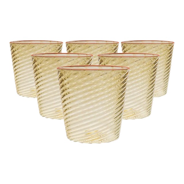 Celerie Kemble Glassware for Chairish Twisty Cups in Olive with Rose Pink Rim - Set of 6 For Sale