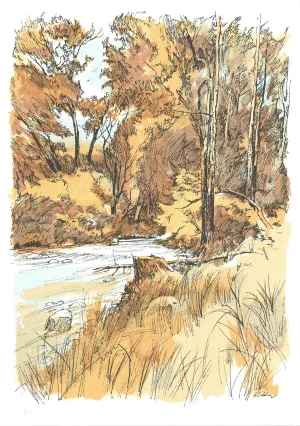 1975 Laurie Kidder 'Forest Scene' Brown, Black & White, Yellow Lithograph