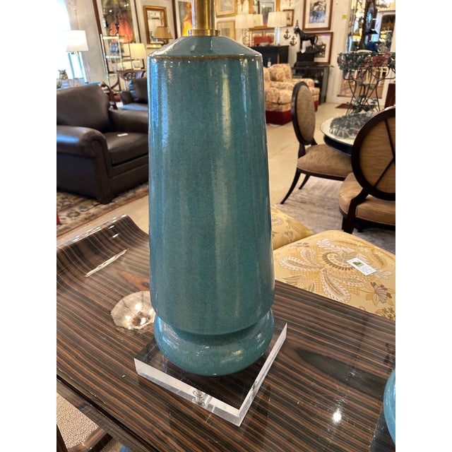 Large Cerulean Blue Ceramic Pottery Table Lamps -a Pair For Sale - Image 9 of 10