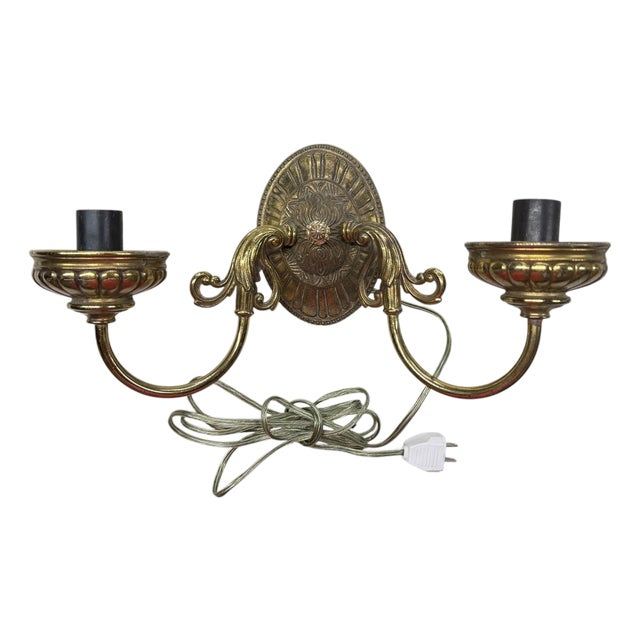 Vintage Brass Two Arm Electric Wall Sconce For Sale