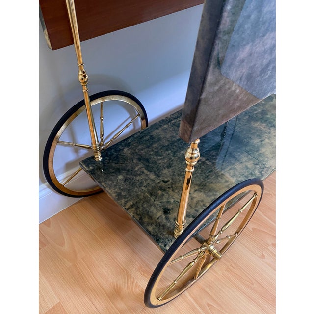 Aldo Tura Green Lacquered Goatskin Bar Cart, Brass Two-Tier Folding Drinks Trolley, Italy 1960s For Sale - Image 12 of 17