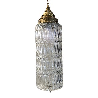 Mid-Century Modern Cylindrical Clear Cut Glass Prisms and Brass Hanging Light For Sale