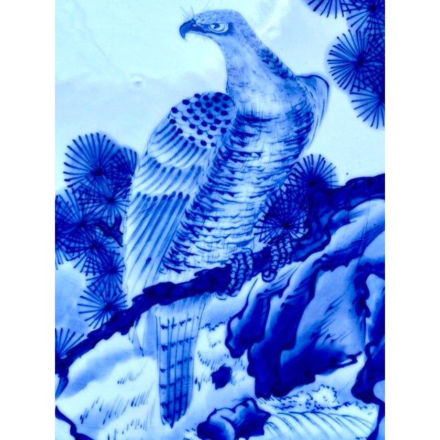 Mid 20th Century Mid 20th Century Monumental Japanese Blue & White Porcelain Charger With Hawk & Pine Landscape For Sale - Image 5 of 15