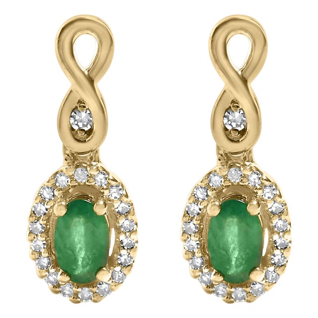 10K Yellow Gold Oval Cut Green Emerald 5x3 mm and 1/7 Cttw Round Diamond Dangle Earrings, A Pair For Sale