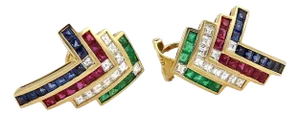 Diamond Emerald Ruby & Sapphire 18k Gold Earrings - 2 Pieces