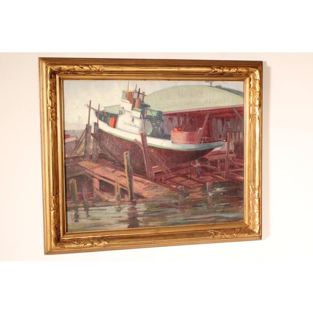 Painting of a boat in dry dock by California artist Sam Hyde Harris (1889-1977). The harbor at San Pedro, California was...