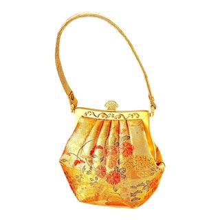 Vintage Japanese Brocade Kimono Geisha Gold Silk Chinoiserie Bag For Sale