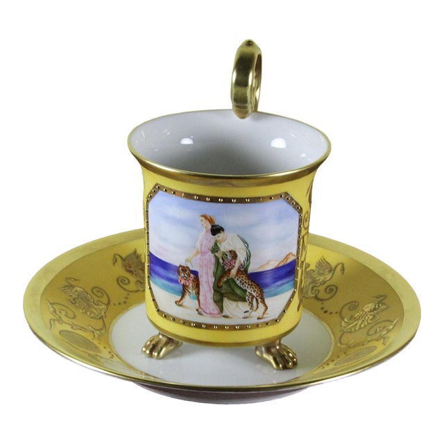 1990’s Vintage/New KPM Collectors Cup & Saucer Yellow Fond With Painting and Graceful Rosace Handle For Sale