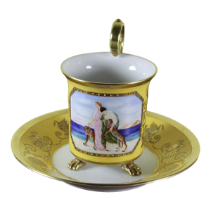 1990’s Vintage/New KPM Collectors Cup & Saucer Yellow Fond With Painting and Graceful Rosace Handle