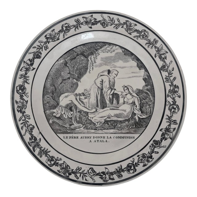 Antique French Choisy Native American Florida Scene Creamware Plate Atala Black Transferware For Sale