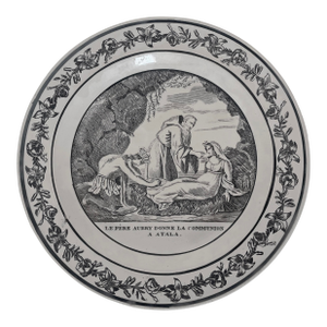 Antique French Choisy Native American Florida Scene Creamware Plate Atala Black Transferware