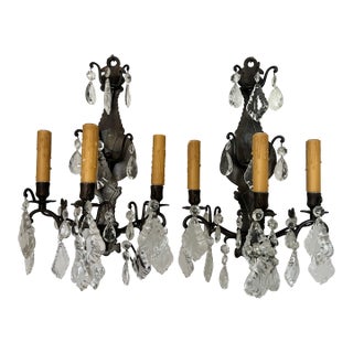Late 19th Century Pair of French Versailles Metal and Crystal Sconces For Sale