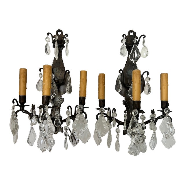 Late 19th Century Pair of French Versailles Metal and Crystal Sconces For Sale