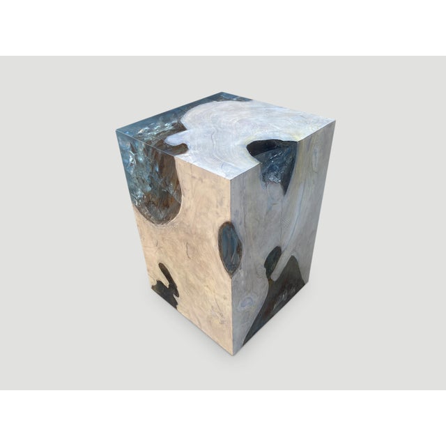 Andrianna Shamaris Aqua Resin and Teak Wood Side Table For Sale - Image 4 of 18