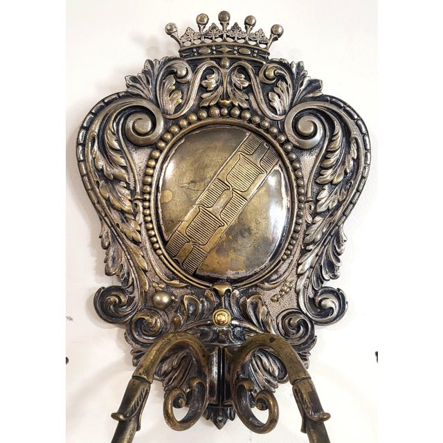 Pair Antique American Coat of Arms Crown Silver Plate Bronze Wall Sconces C&A For Sale In New York - Image 6 of 17