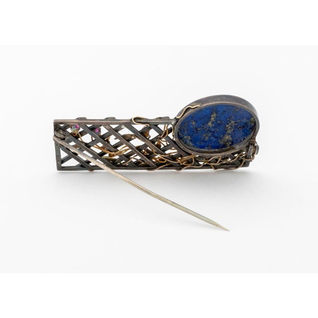 English Sterling Silver 14k Yellow Gold Lapis Ruby Brooch For Sale - Image 3 of 5