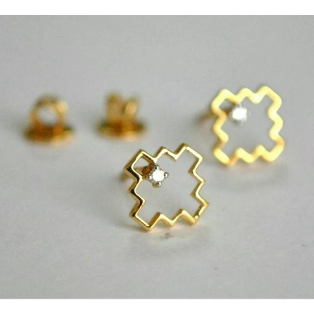 Small Geometric 14k Gold Everyday Diamond Stud Earrings - 2 Pieces For Sale - Image 9 of 10
