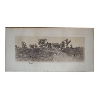 Antique Thatched Cottage Country Farmhouse Panoramic Landscape Etching 28" For Sale