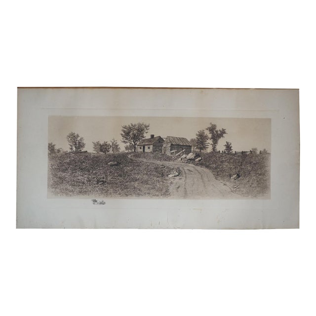 Antique Thatched Cottage Country Farmhouse Panoramic Landscape Etching 28" For Sale