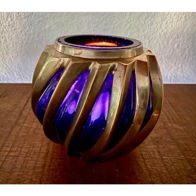 Brutalist Brutalist Brass Caged Cobalt Glass Twisted Swirl Tea Light Holder MCM Vintage For Sale - Image 3 of 6