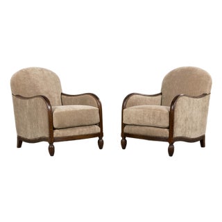 1930s French Art Deco Club Chairs With Ottoman, Beech & Mohair For Sale