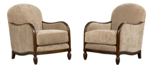 1930s French Art Deco Club Chairs With Ottoman, Beech & Mohair