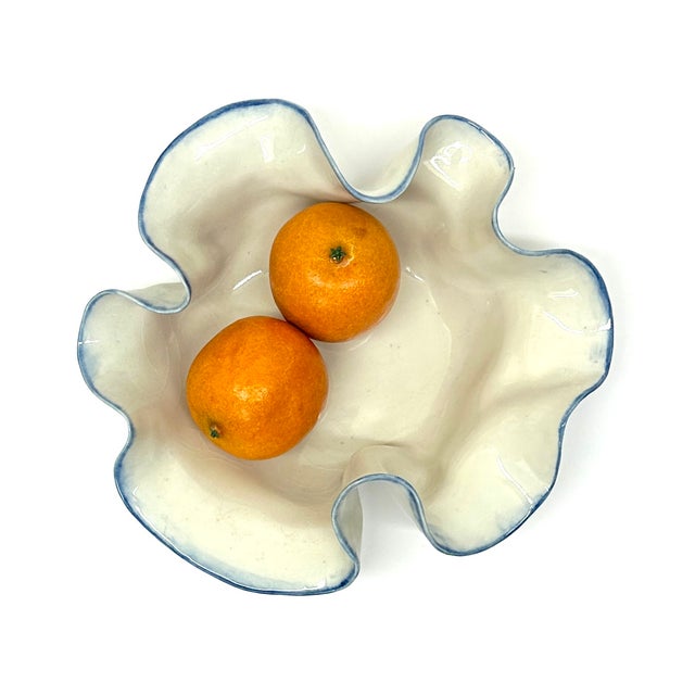 Mid-Century Modern Sculpted Artisanal Blue & White Earthenware Bowl For Sale - Image 3 of 10