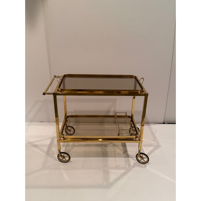 Brass Brass and Tinted Glass Midcentury Modern Barcart For Sale - Image 8 of 15