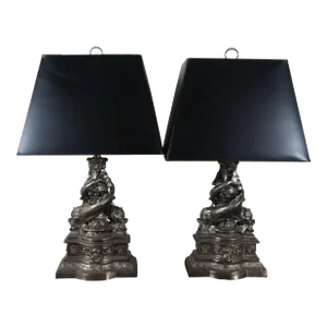 Mid 20th Century Maitland Smith Silver Neoclassical Delphin Koi Fish Table Banquet Lamps - Set of 2