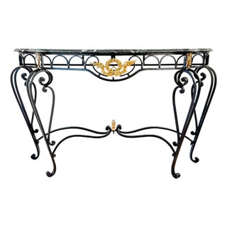 French Empire Style Wrought Iron & Black Marble Serpentine Console Table For Sale
