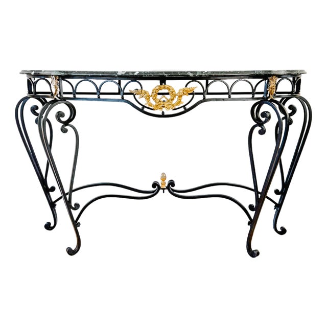 French Empire Style Wrought Iron & Black Marble Serpentine Console Table For Sale