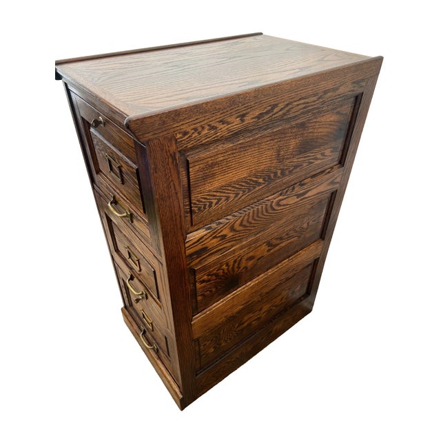 Arts & Crafts Vintage Tiger Oak File Cabinet Three Locking Drawers Paneled Sides Legal Size For Sale - Image 3 of 11