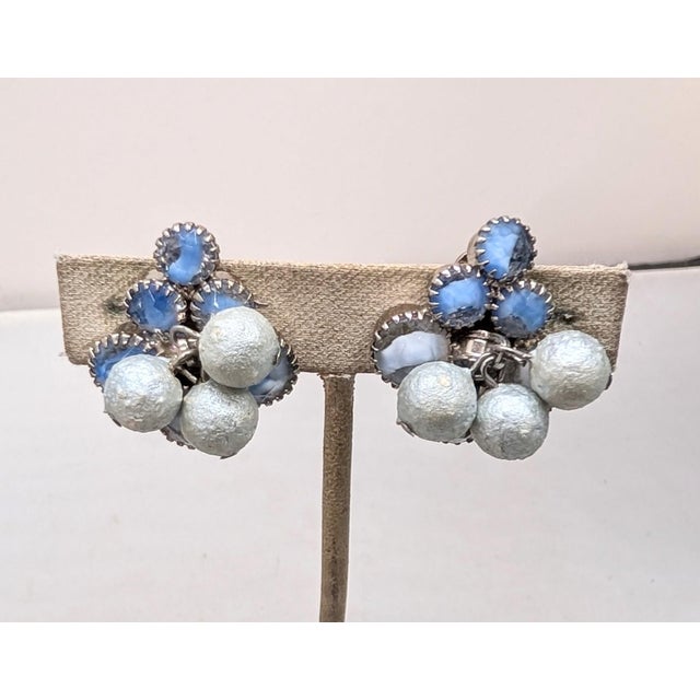 Metal Vintage Verified Delizza & Elster Blue Givre Rhinestone & Baby Blue Dangle Beads Clip Earrings-2 Pieces For Sale - Image 7 of 9