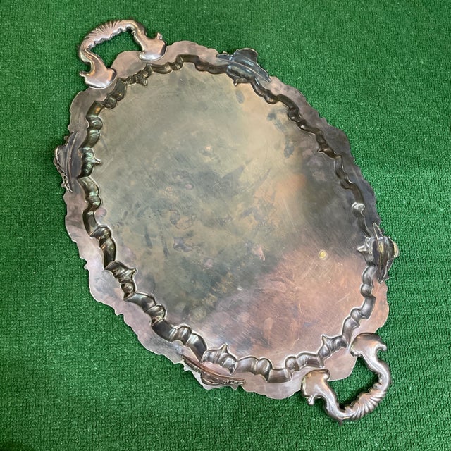 1940s Oval English Silver Plated Serving Tray With Grape and Leaf Decoration For Sale - Image 9 of 9