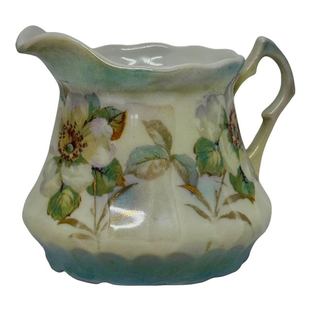 Vintage Bavarian Porcelain Creamer — Hand-Painted Floral, Ribbed Body, Red “Germany” Mark For Sale