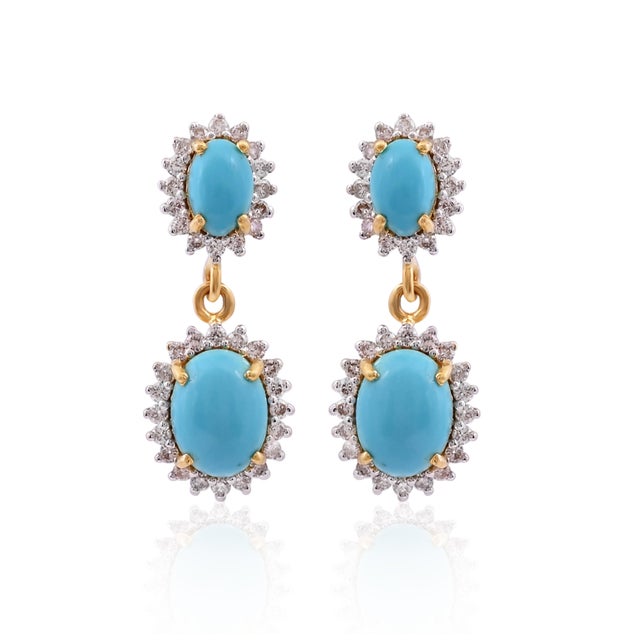 2020s Natural Turquoise 3.05cts & Diamond 0.60cts Earring in 14k Gold For Sale - Image 5 of 8