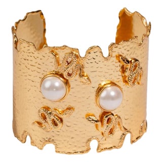 Pearl Serpent Power Chunky Gold Cuff Bracelet For Sale