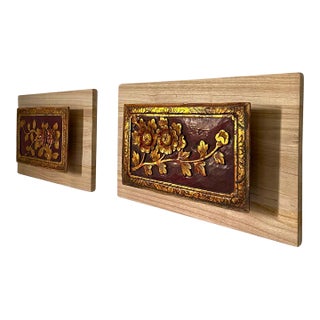 Sculptural Wall Art – Antique Chinese Giltwood Carved Floral Panels, Pair For Sale