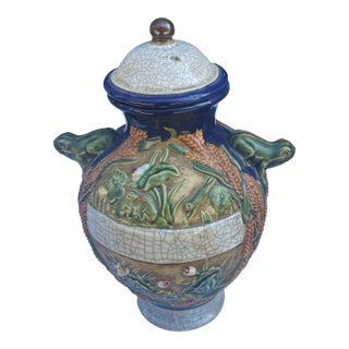 Large Ceramic Vintage Jar With Frog Details- Condition Issue For Sale