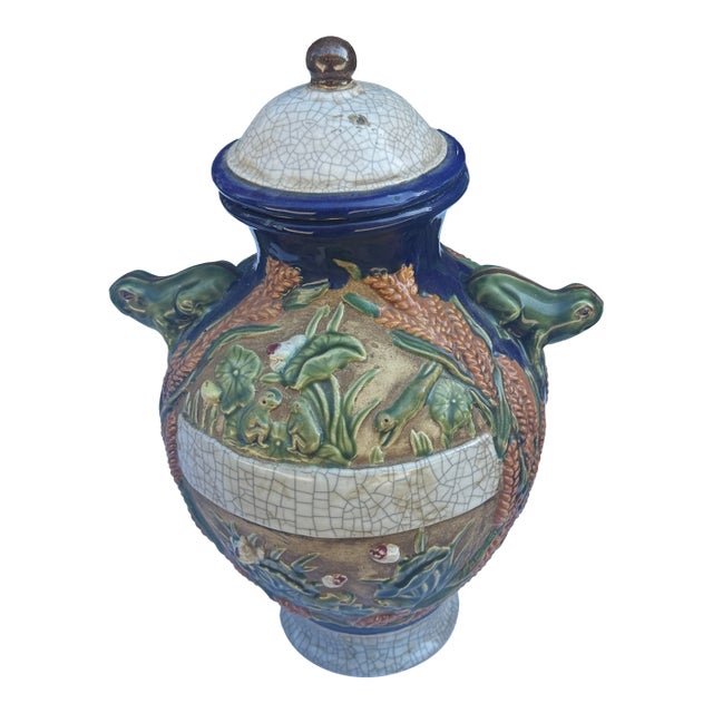 Large Ceramic Vintage Jar With Frog Details- Condition Issue For Sale