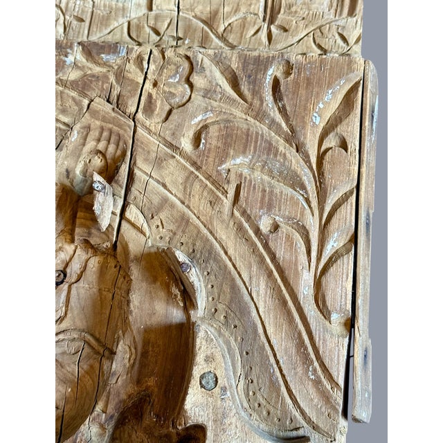 Tan Antique Indian Temple Panel-Hand Carved Wood-Architectural Wall Art 37''-Sacred For Sale - Image 8 of 12