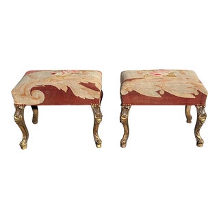 Pair of Antique Rococo Giltwood Stools W 18th C Aubusson Tapestry For Sale